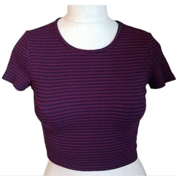 Forever 21 Shirt Crop Top Navy Maroon Strip Jr Juniors Extra Small WOMEN'S - Picture 1 of 9